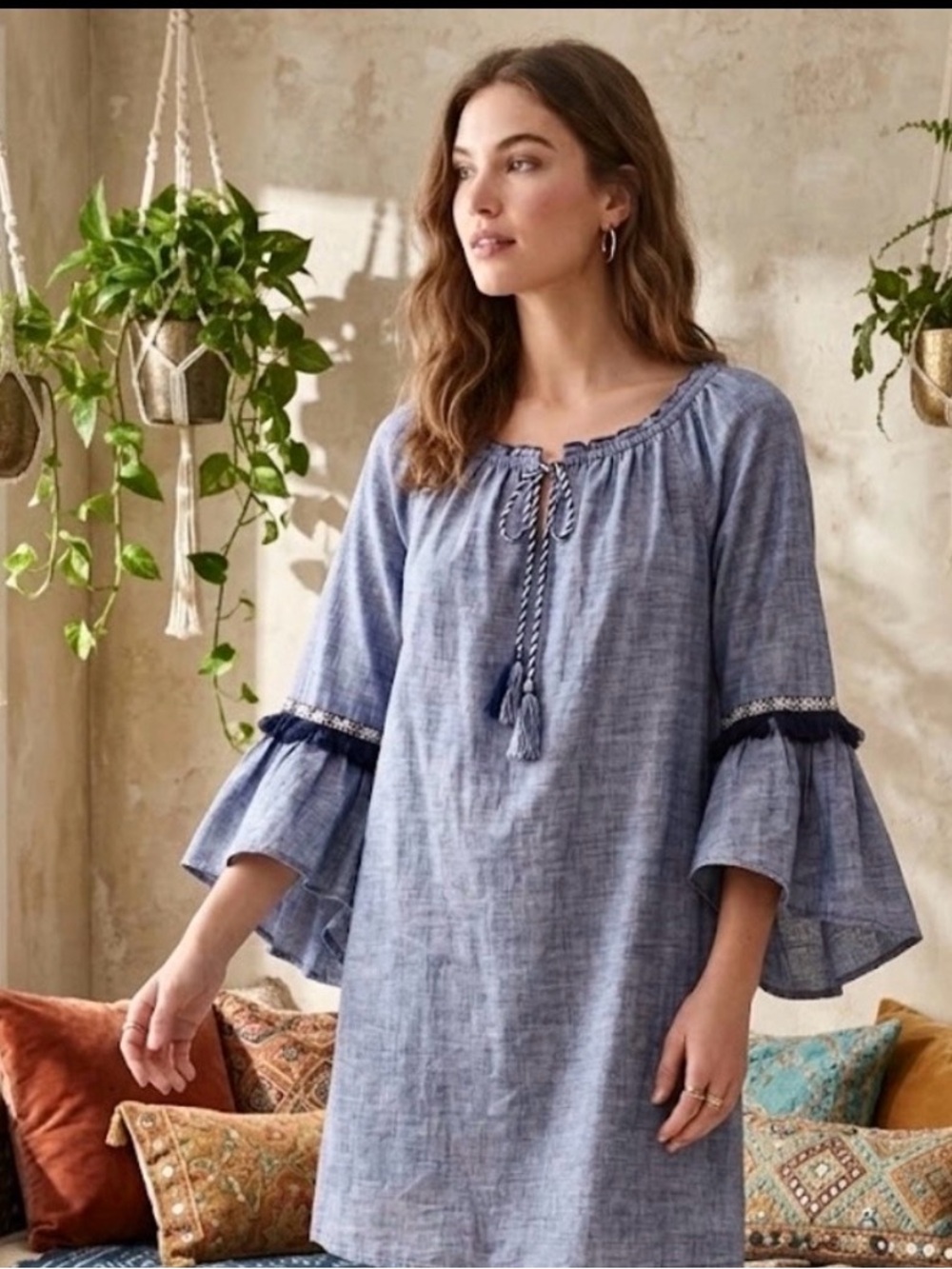 Style & Co. Light Blue Chambray Mini Dress w/ Fringe & Tassel Detail